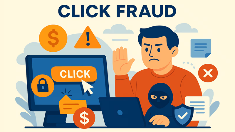 Illustration showing a robot clicking on Google Ads, representing the financial impact of Google Ads click bots on advertising budgets.