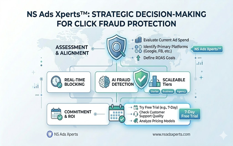 Decision-making flowchart for selecting the ideal click fraud protection software, considering budget, platforms, and features