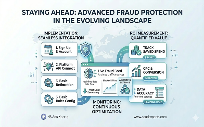 Illustration of evolving ad fraud threats and advanced protection technologies like AI and blockchain