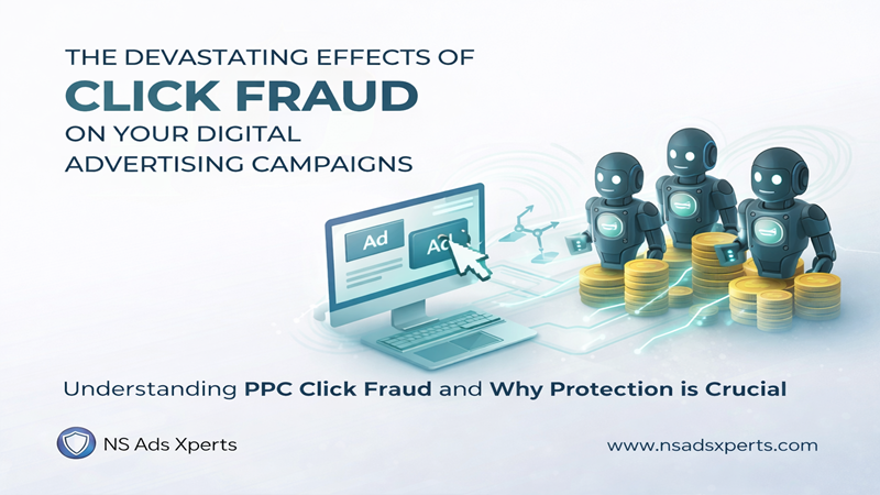 Infographic showing the negative impact of PPC click fraud on ad budgets and ROI for Google Ads campaigns