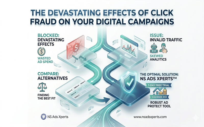 Screenshot or illustration of PPC Protect's dashboard showing key features like automated blocking and reporting for ad fraud protection