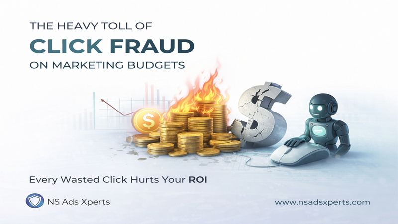 Infographic showing the negative impact of click fraud on Google Ads and PPC campaign budgets