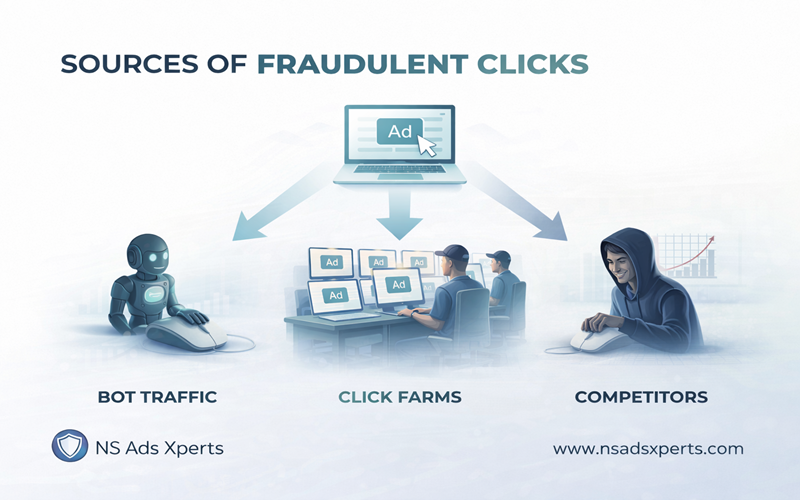 Diagram illustrating various sources of click fraud, including bots, click farms, and competitor attacks on PPC campaigns