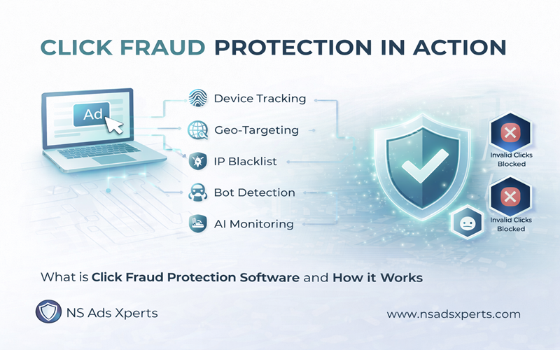 Flowchart explaining how click fraud protection software detects and blocks invalid traffic from Google Ads and other platforms