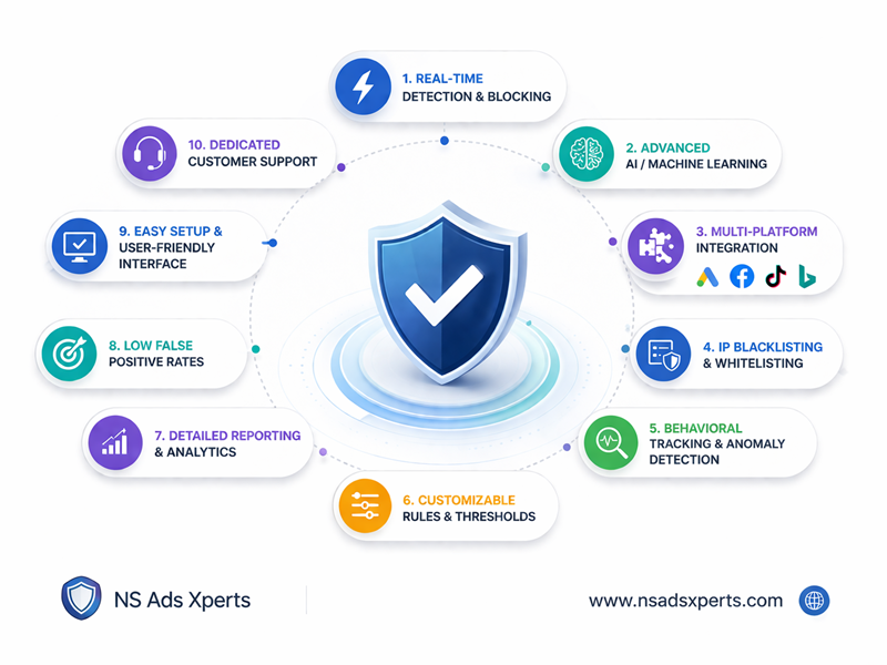 Infographic detailing essential features for effective click fraud protection, including AI, real-time blocking, and multi-platform support