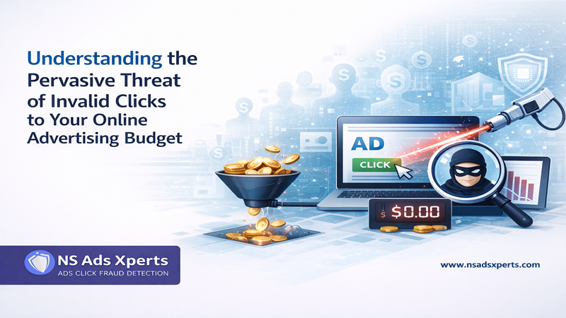 An illustration depicting various forms of click fraud attacking a digital ad campaign, including bots, competitors, and click farms, highlighting the need for click fraud prevention tools.