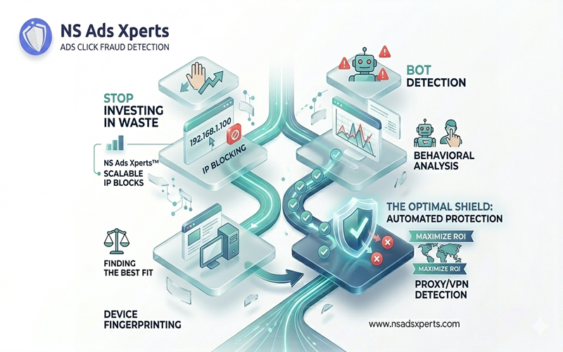 Infographic illustrating the process of click fraud prevention software detecting and blocking invalid clicks through IP blocking, bot detection, and behavioral analysis, showcasing how click fraud prevention tools protect ad spend.