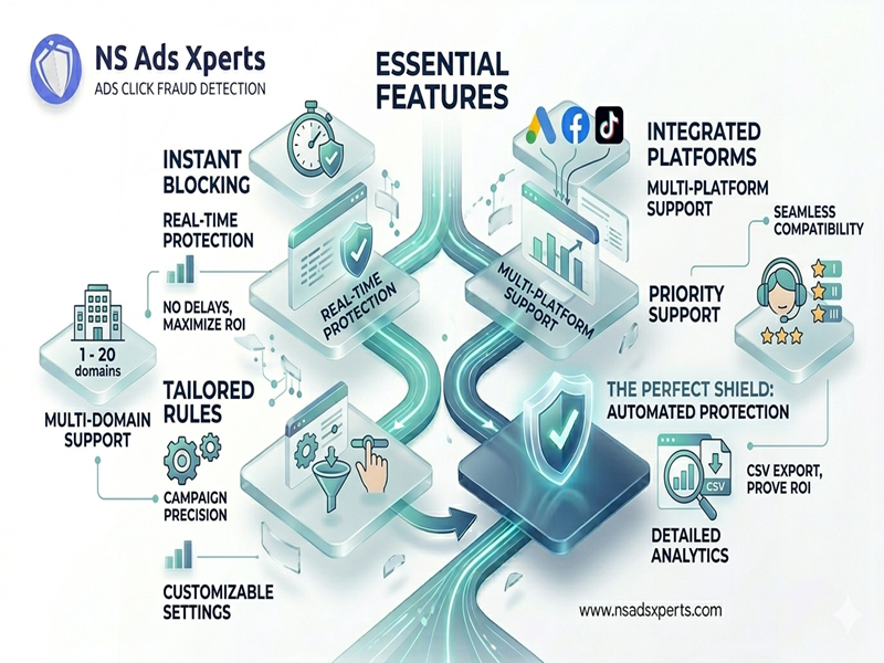 Diagram showcasing essential features of click fraud prevention software, including real-time blocking, detailed analytics, platform integration, and multi-domain support, emphasizing the capabilities of click fraud prevention tools.