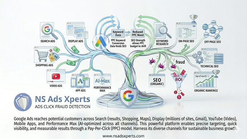 An overview of the Google Ads ecosystem showing where ads can appear across Search, Display, YouTube, and Apps.