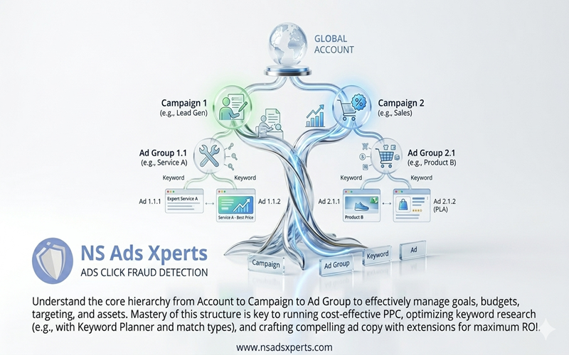 A visual representation of a Google Ads campaign structure, including account, campaigns, ad groups, keywords, and ads.