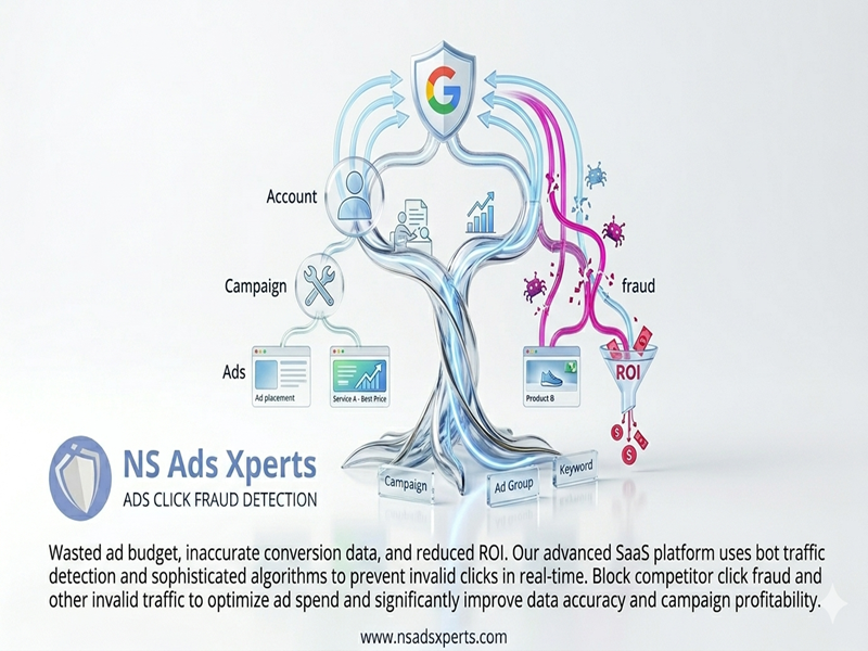 Infographic illustrating the negative impact of click fraud on ad budget, ROI, and data accuracy, highlighting the need for ads fraud protection tools.