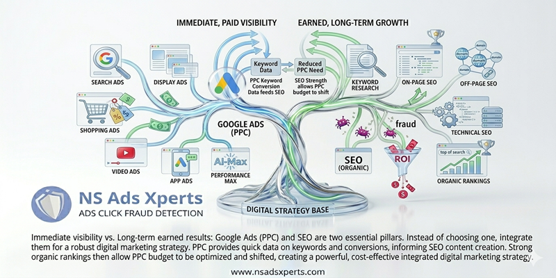 A comparison table highlighting the key differences between Google Ads (PPC) and organic SEO, including cost, speed, and control.