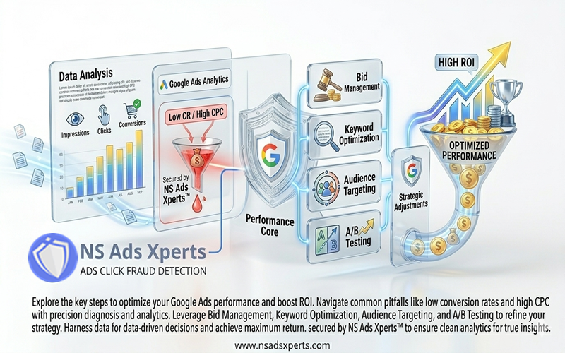 Infographic illustrating steps to optimize Google Ads performance and improve ROI, including analytics and fraud prevention
