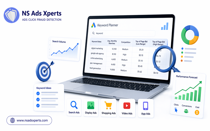 Screenshot of Google Ads Keyword Planner interface showing keyword ideas and search volume data