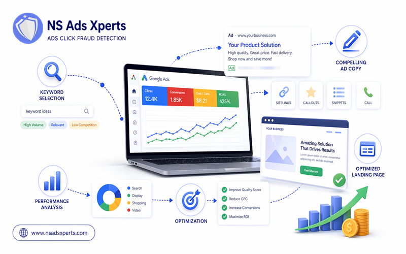 Infographic showing various Google Ads optimization strategies including keyword research, ad copy, bidding, and landing page optimization