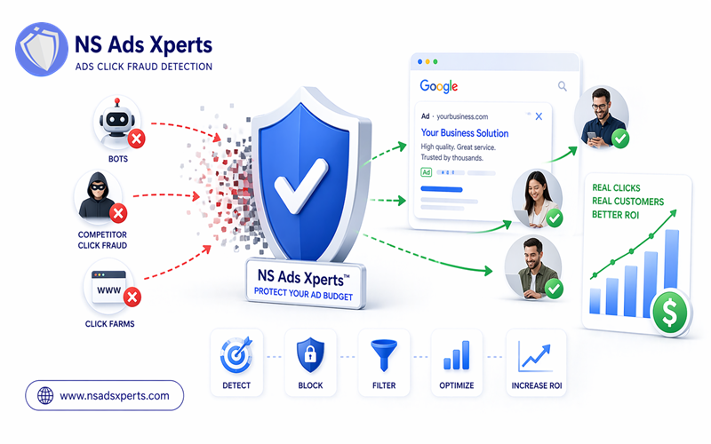 Illustration of NS Ads Xperts&trade; software blocking invalid clicks and bot traffic in Google Ads