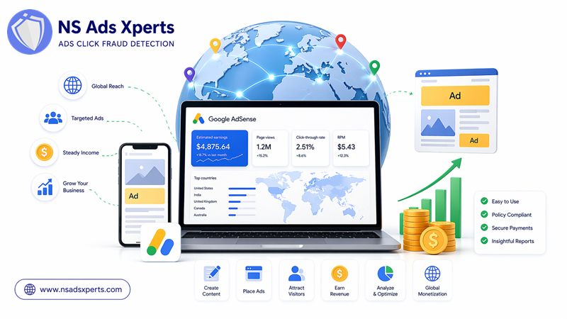 An illustration of a website with Google AdSense ads, representing global content monetization