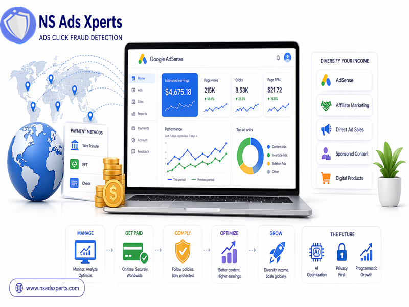 Infographic illustrating various website monetization strategies beyond Google AdSense, including affiliate marketing, direct ads, and digital products