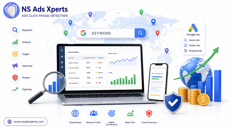 Illustration of a globe with keywords and search icons, representing a global Google keywords strategy