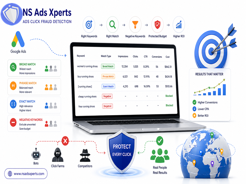 Infographic illustrating Google Ads keyword match types: broad, phrase, exact, and negative, with examples of how each works to optimize your Google Ads campaign