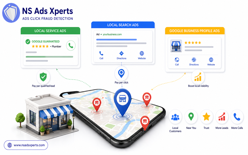 Illustration showing the different types of Google Local Ads, including Local Service Ads, Local Search Ads, and Google Business Profile ads, and where they appear on search results.