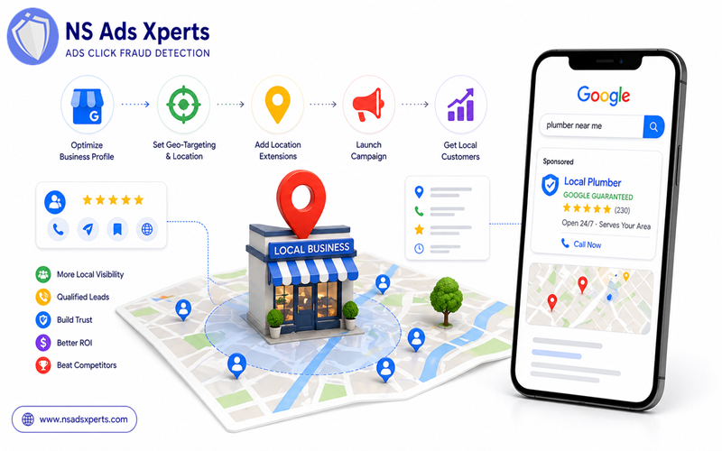 Screenshot of Google Ads interface showing geo-targeting settings and location extensions for a local campaign setup.