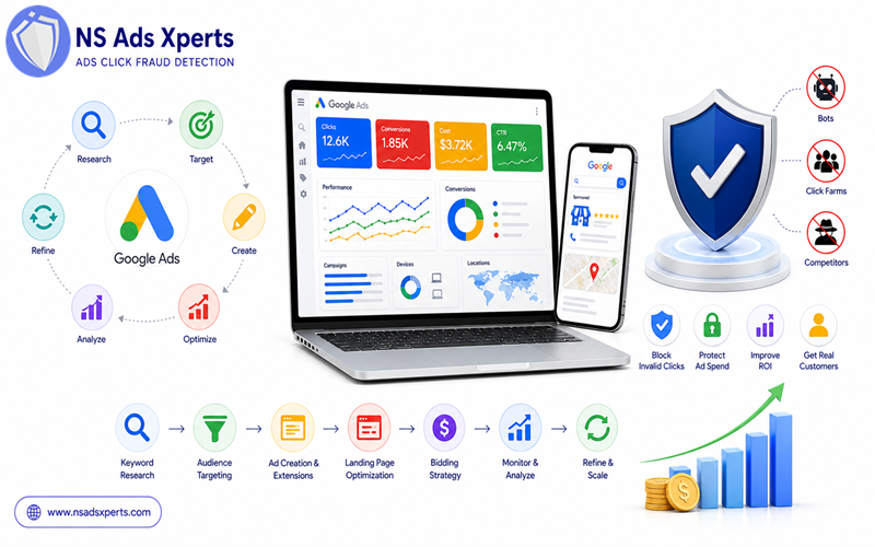 Diagram illustrating Google Ads optimization process and the role of NS Ads Xperts in preventing click fraud and invalid clicks