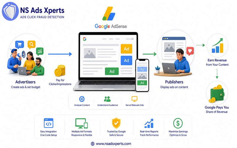 Diagram illustrating how Google AdSense connects publishers and advertisers