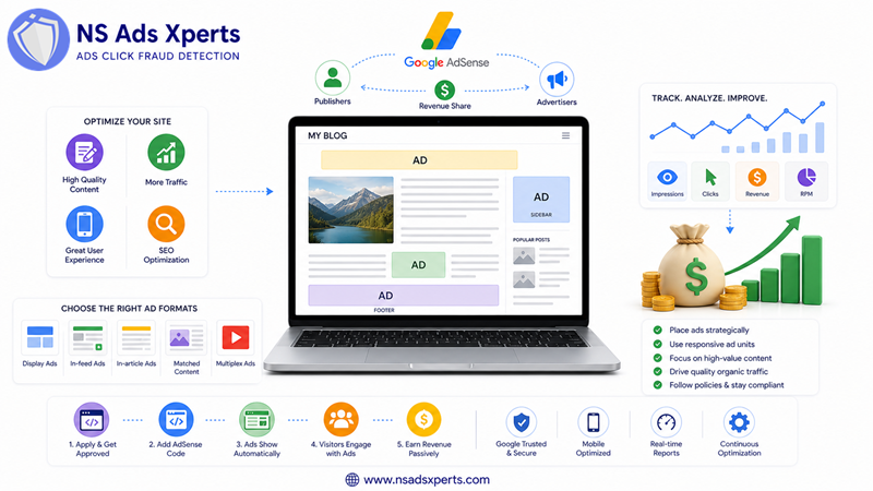 Infographic showing strategies for increasing Google AdSense revenue through content and ad optimization