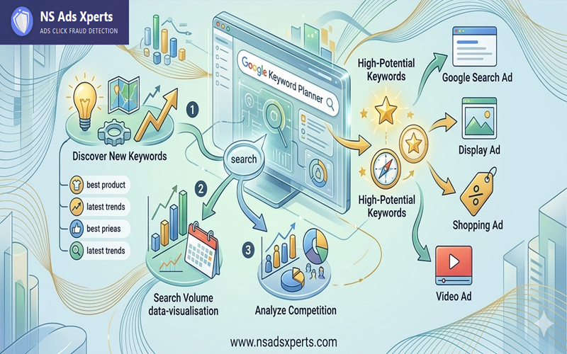 A screenshot of the Google Keyword Planner interface showing keyword suggestions, search volume, and competition levels.