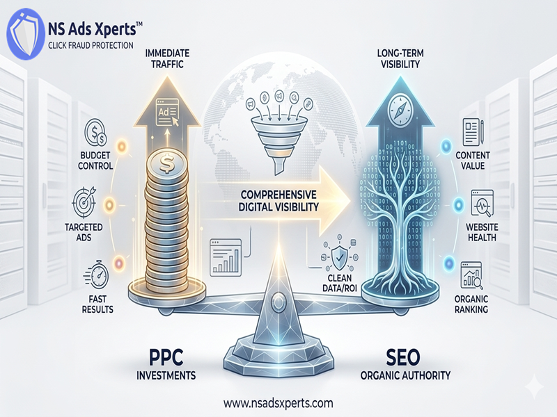 An infographic comparing Google Ads and SEO, highlighting differences in cost, speed, control, and long-term benefits.