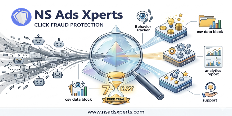 A comparison table showing NS Ads Xperts pricing plans: Starter, Business, and Agency, with features like domains, IP blocks, and support.