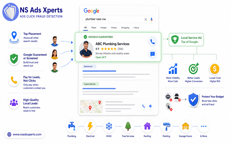 Example of Google Local Service Ads appearing at the top of search results with Google Guaranteed badge