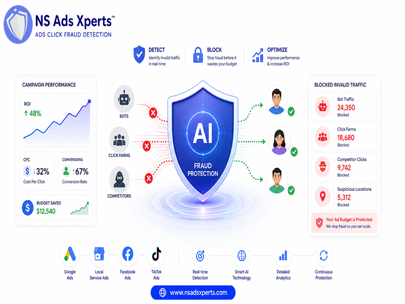 Diagram illustrating how NS Ads Xperts&trade; prevents bot traffic and invalid clicks to protect ad budgets and improve ROI