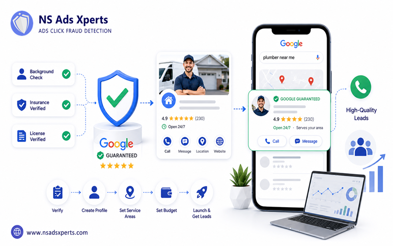 Diagram illustrating the step-by-step setup process for Google Local Services Ads, from verification to budgeting