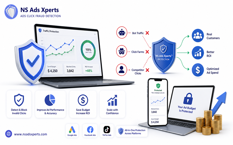 Screenshot of NS Ads Xperts dashboard illustrating click fraud detection and protection features for Google Ads