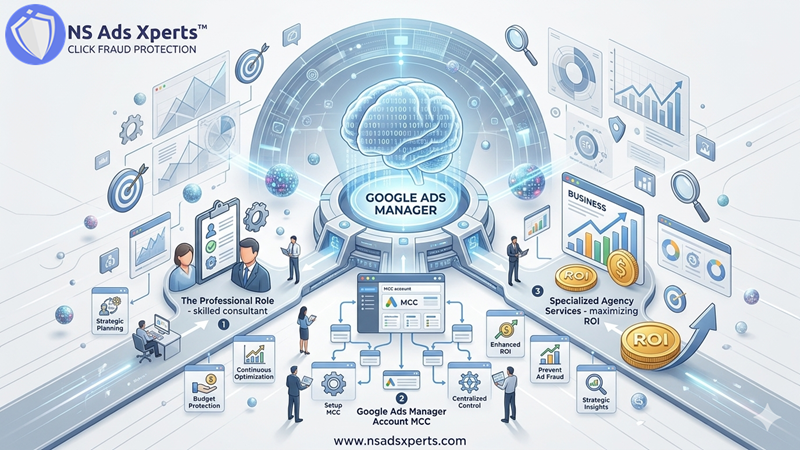 Infographic illustrating the three interpretations of Google Ads Manager: Professional Role, MCC Account, and Google Ad Manager (GAM) product