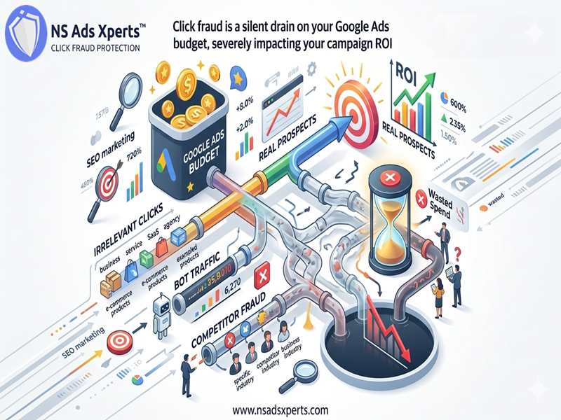 Infographic showing how click fraud impacts Google Ads ROI, with wasted budget and diluted conversion rates