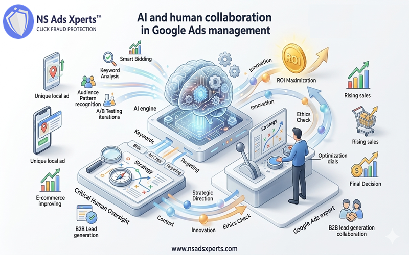 Illustration depicting AI and automation in Google Ads management, showing data analysis and strategic decision-making