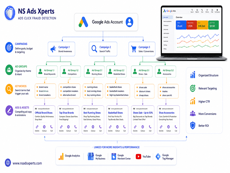 Infographic illustrating the hierarchical structure of a Google Ads account, showing campaigns, ad groups, keywords, and ads