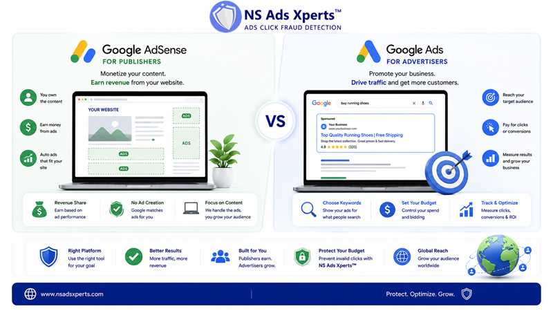 Infographic explaining the difference between Google AdSense and Google Ads platforms for advertisers