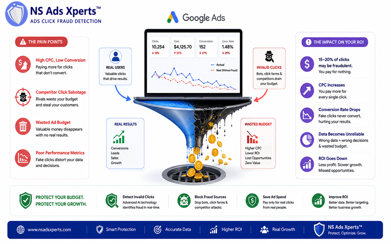 Diagram showing how click fraud leads to wasted ad budget, lower ROI, and inaccurate data for Google Ads campaigns