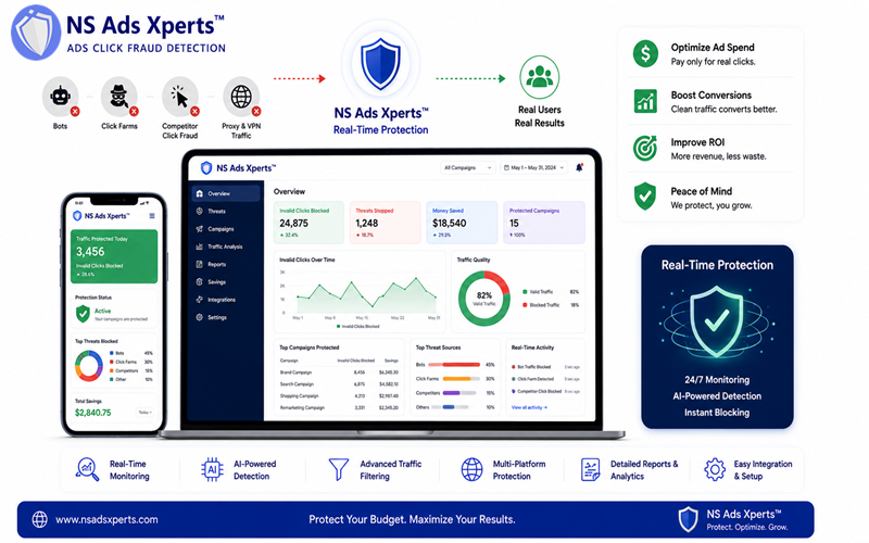 Screenshot of NS Ads Xperts dashboard showing real-time click fraud detection and blocked IPs for Google Ads