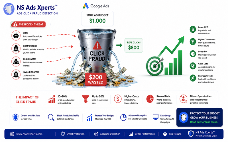 Infographic showing the negative impact of Google Ads click fraud on budget, CPC, and conversion rates