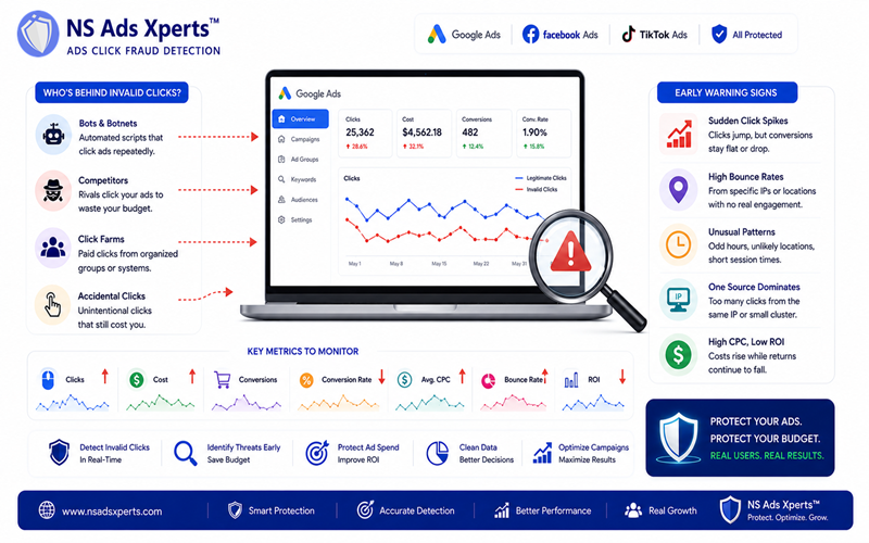 Dashboard showing metrics for detecting invalid clicks and click fraud on Google Ads campaigns