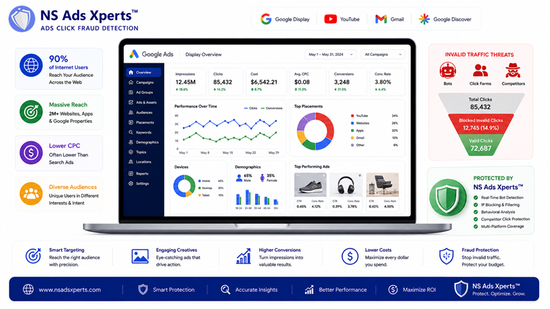 Digital marketing dashboard showing Google Display Ads performance metrics