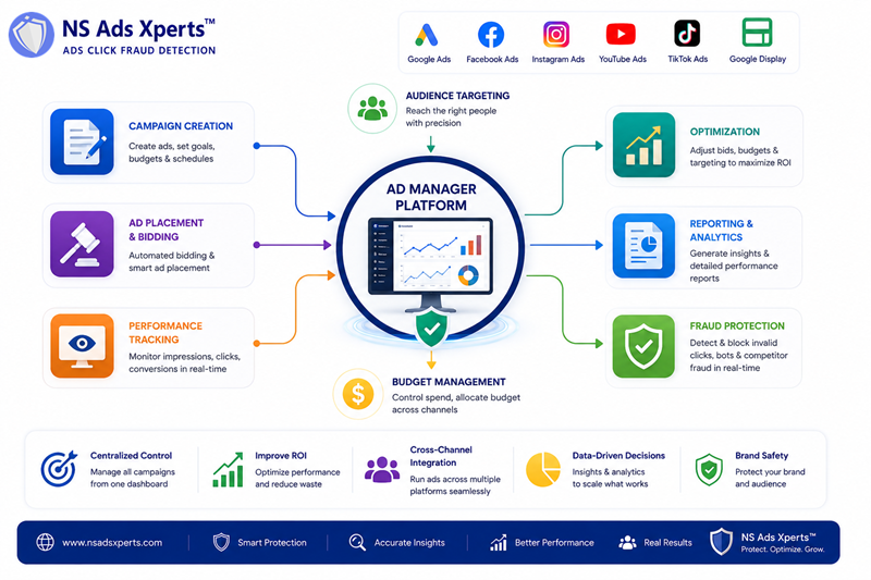 Diagram showing the core functions of an ad manager platform