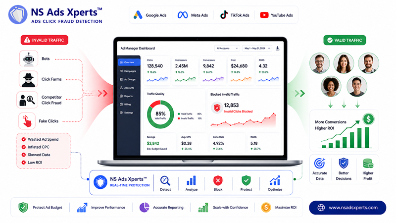 Illustration of bot traffic and click fraud affecting ad campaigns