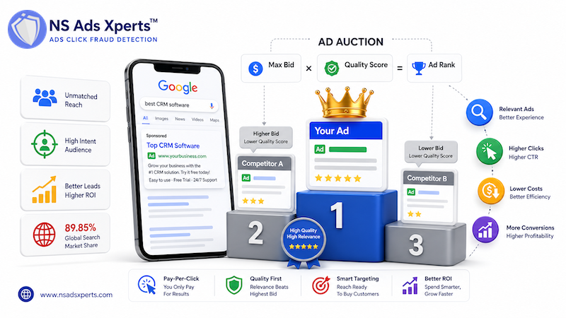 Google Ads auction system diagram showing bid, Quality Score, and Ad Rank