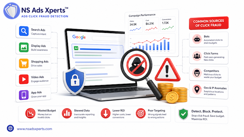 Diagram showing different sources of click fraud and wasted ad spend